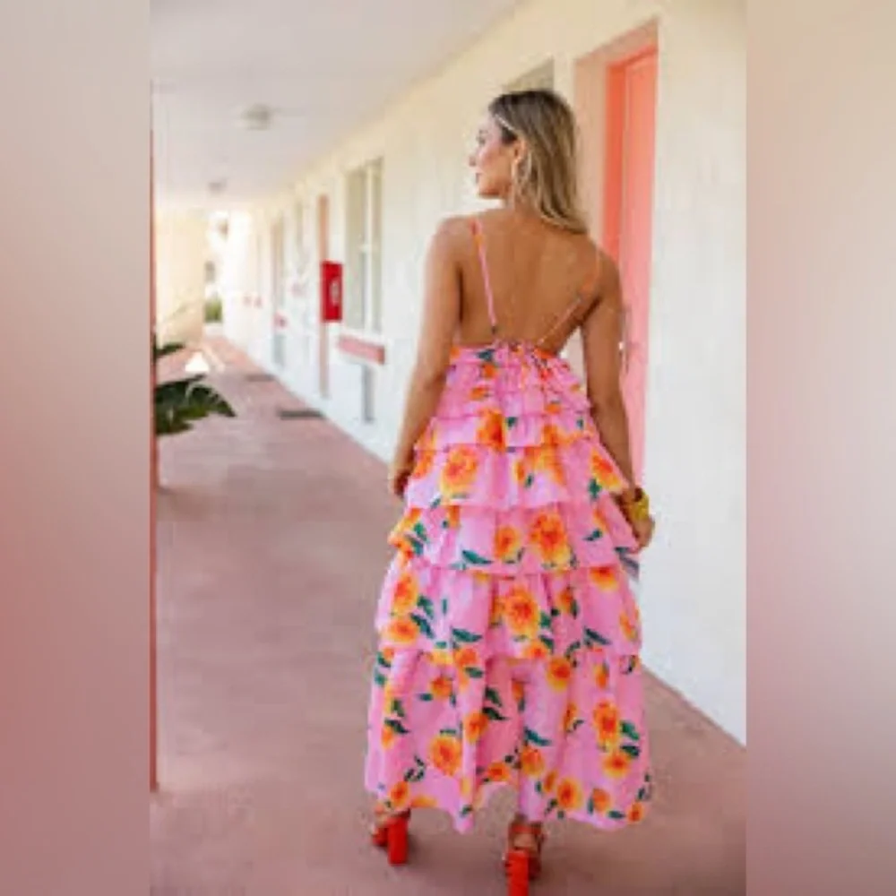 Viral Buddy Love Floral Sunflower Pink Ruffle Maxi Dress - Picture 8 of 9